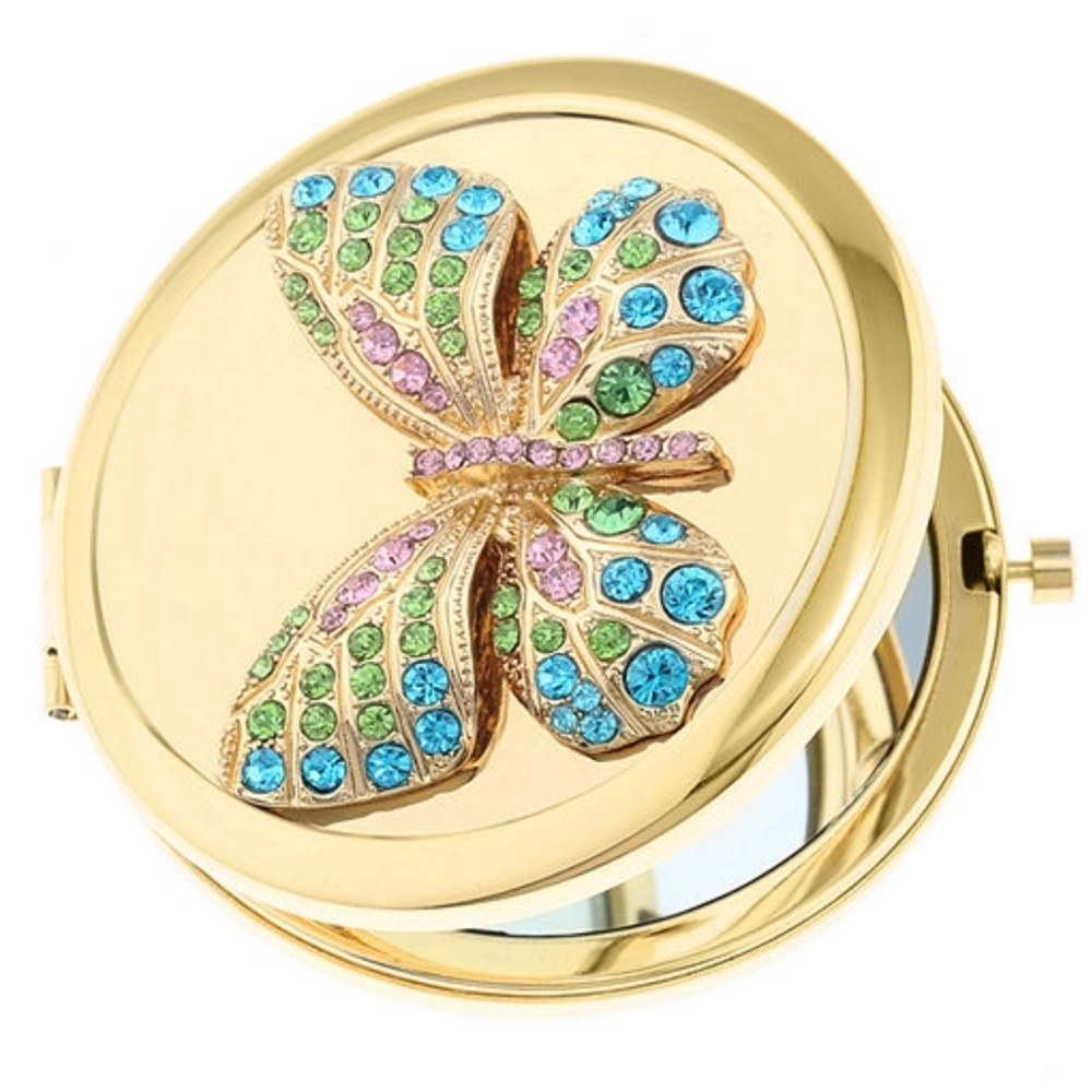Monet Jewelry Butterfly Compact Mirror Gold Tone Colorful Gems Gift box Easter